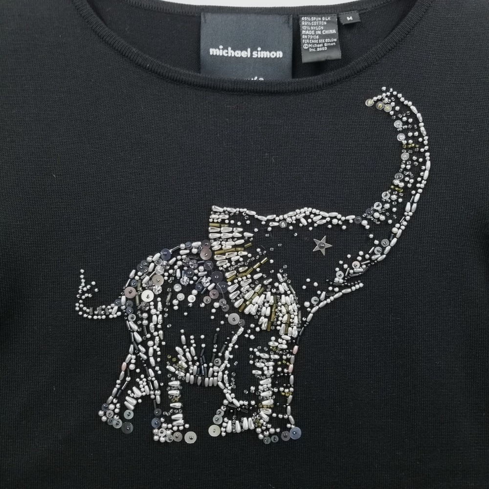 Vintage Michael Simon Sweater Women M Black Beaded Elephant Silk Cotton Pullover - Picture 2 of 9